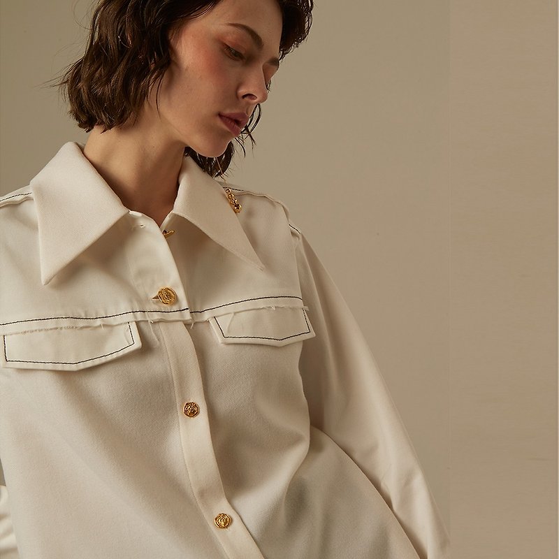 [Seasonal Sale] Constellation Series/Scorpio Wool Denim Patchwork Shirt - เสื้อเชิ้ตผู้หญิง - ขนแกะ 