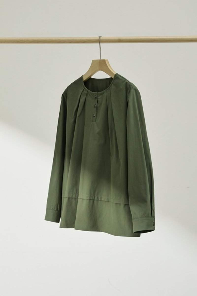 Natural-looking long-sleeved blouse, 100% cotton, pullover, green, 240902-2 - Women's Tops - Cotton & Hemp 