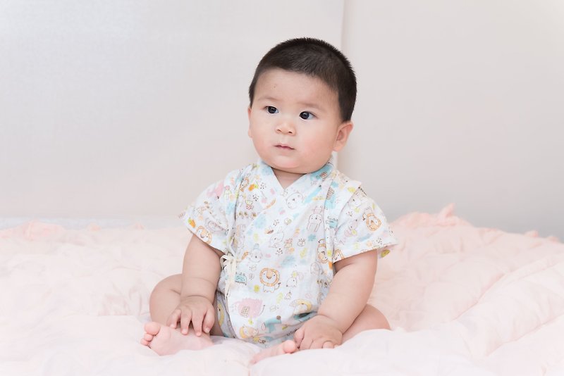 日本でもガーゼの衣服 - 幸せな動物の手のバスローブでさえも赤ちゃんの新生児 - ロンパース - コットン・麻 ブルー