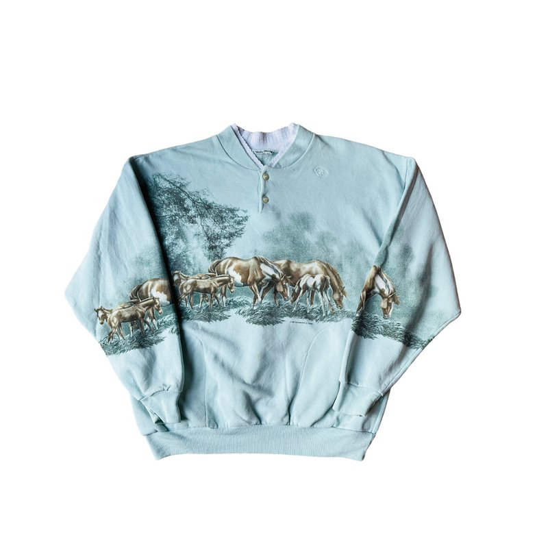 Vintage henley collar lake green ruffled sweatshirt - เสื้อฮู้ด - ผ้าฝ้าย/ผ้าลินิน สีน้ำเงิน