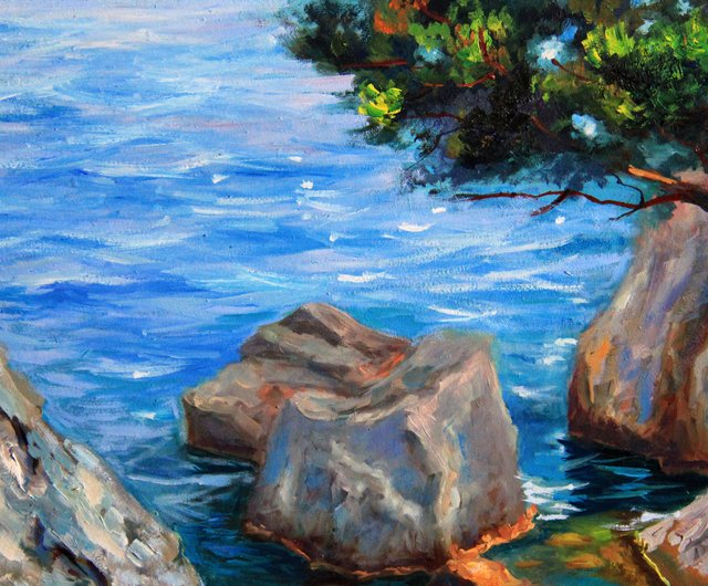 海の風景画 オリジナルアート 風景画 岩 松の木のアート - ショップ AmazingPaintingsIrina ポスター・絵 - Pinkoi