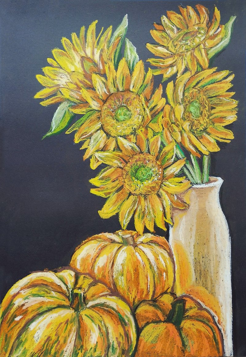 紙 壁貼/牆壁裝飾 橘色 - Bouquet sunflower flowers autumn still pumpkins oil pastel