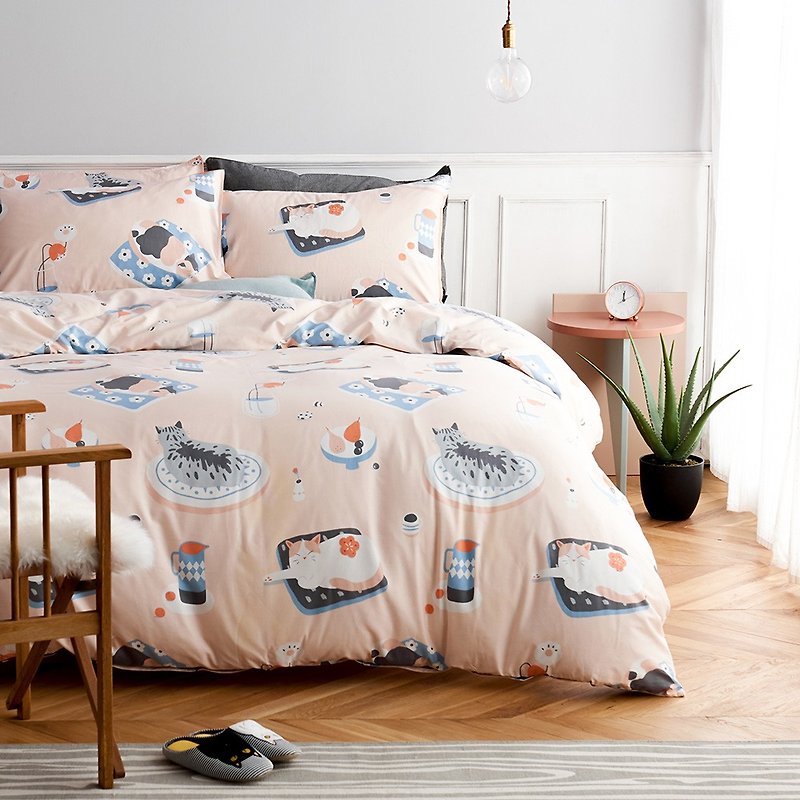 檬檬喵 枕套+被套兩件組 單人雙人原創手繪貓咪40支純棉 床包另購 - 床包/寢具 - 棉．麻 粉紅色
