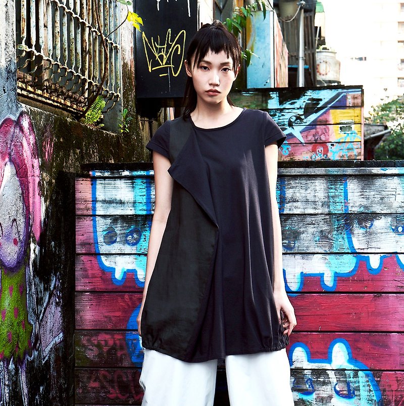Front fold piece ramie stitching elasticated long top - Women's T-Shirts - Cotton & Hemp Black