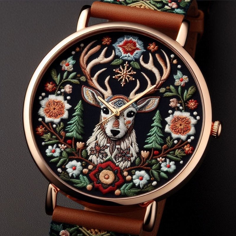 [Exhibits] Autumn Harvest | Autumn Time with Deer among Flowers | Embroidery Watch - เย็บปัก/ถักทอ/ใยขนแกะ - งานปัก สีส้ม