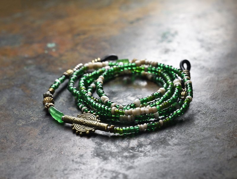Ethnic and vintage brass and roman glass, green, white seed beaded glass cord