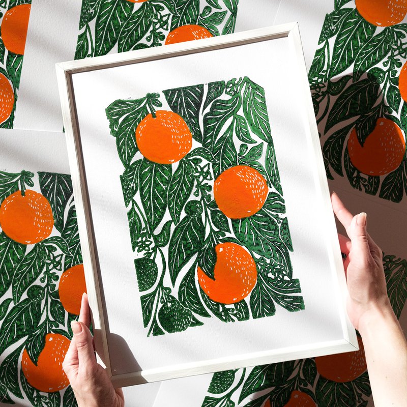 Oranges Linocut Print Botanical Original Artwork Kitchen Wall Art Decor - 壁貼/牆壁裝飾 - 紙 綠色