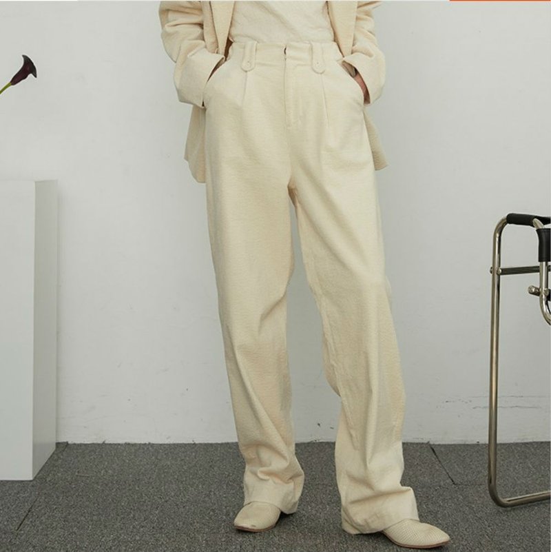 Cream white winter must enter three-color stitching print waist washed down corduroy straight cotton trousers - กางเกงขายาว - ขนแกะ ขาว