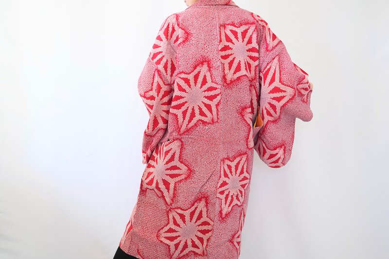 Japanese KIMONO, red kimono, long haori, authentic kimono, traditional kimono - 女大衣/外套 - 聚酯纖維 紅色
