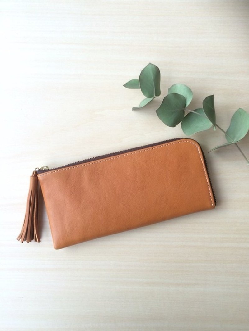 Cowhide slim long wallet L-shaped camel - Wallets - Genuine Leather Brown