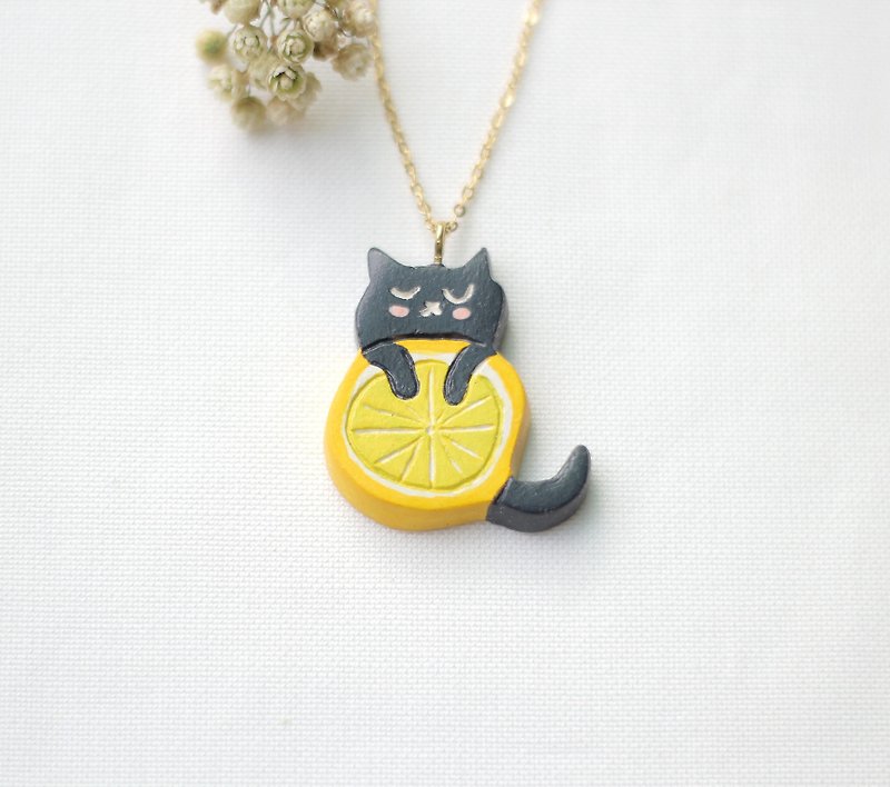 Handmade orange cat  necklace - Necklaces - Clay Yellow