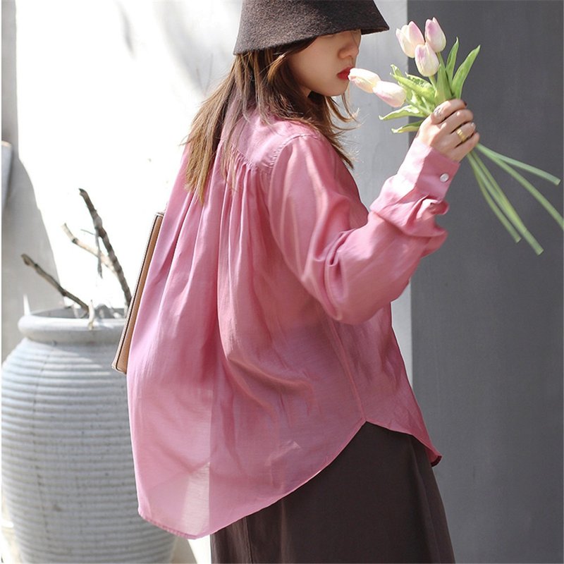 櫻花粉色 法式複古仙氣燈籠袖抽褶天絲襯衫 廓形寬鬆長袖通勤襯衣 - 女襯衫 - 聚酯纖維 粉紅色