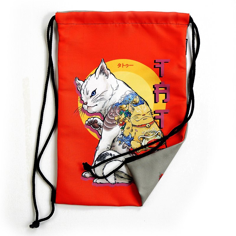 Neko Tattoo / Dog Tattoo/ Back-Front drawstring bag Canvas Reduce global warming - Drawstring Bags - Other Materials White