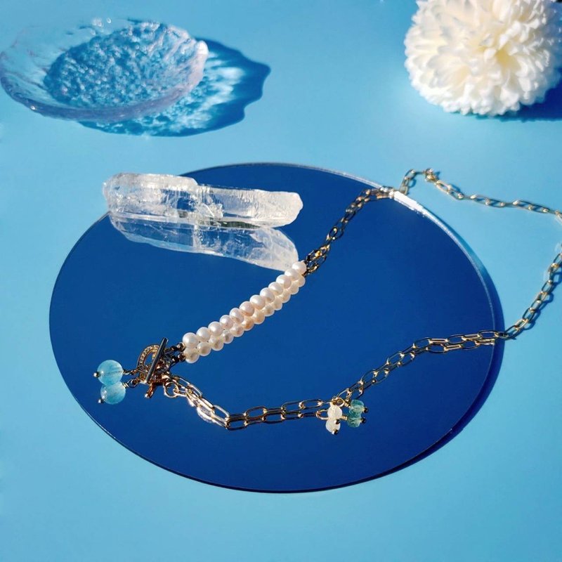 Something Blue。海水藍寶 磷灰石 月光石 14K包金 水晶設計項鍊 - 項鍊 - 水晶 藍色