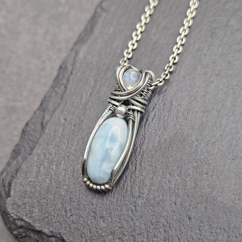 Larimar and Moonstone Wire Wrapped Pendant , Silver , Oxidized - Necklaces - Sterling Silver Blue