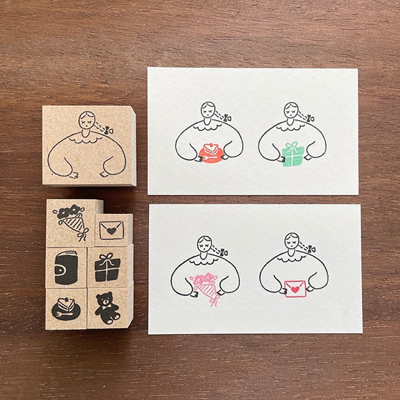 Marl-chan combination stamp set of 7 rubber stamp for girls, made in Japan a-109 - Stamps & Stamp Pads - Wood Brown