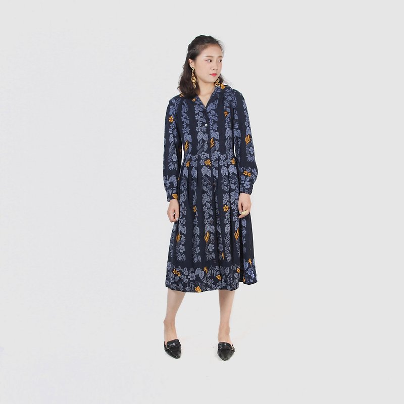 [Egg plant ancient] late night rainforest printing thin wool vintage dress - ชุดเดรส - ขนแกะ สีน้ำเงิน