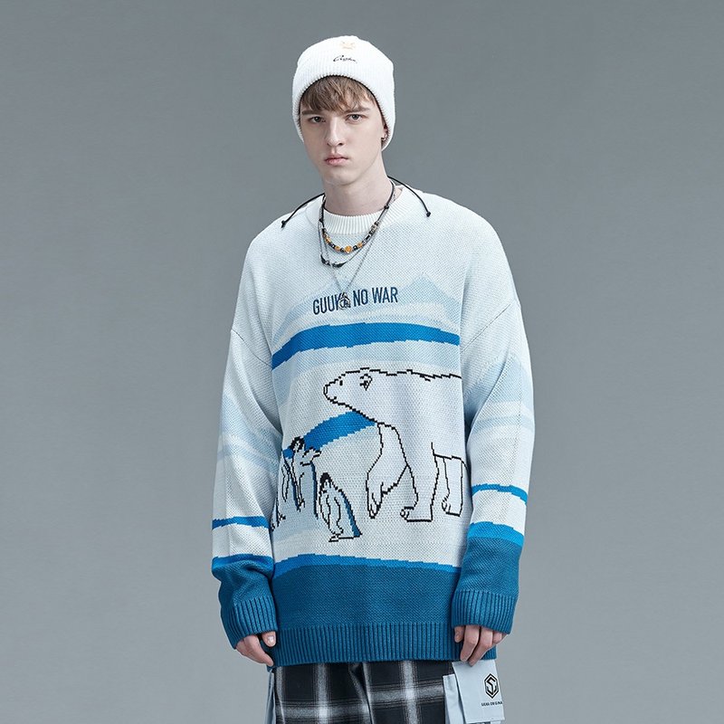 Polar bear round neck sweater couple card Tong jacquard sweater top - Men's Sweaters - Other Materials White