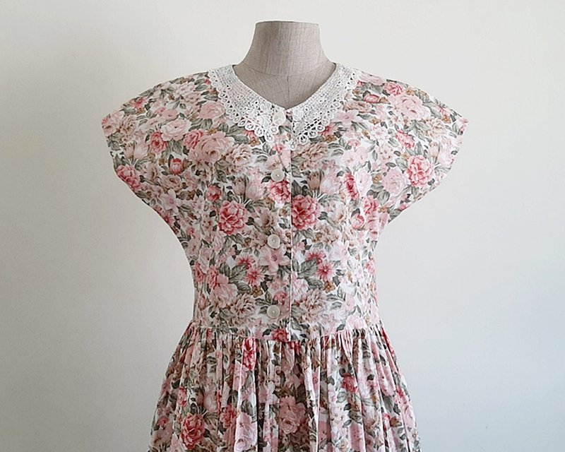 Vintage Floral Print Cotton Dress - One Piece Dresses - Cotton & Hemp Pink