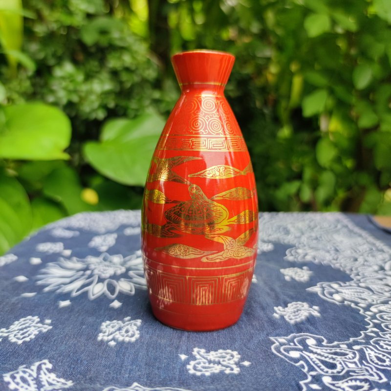 Vintage Japanese Kutani Ware Antique Sake Bottle Red Tokkuri Phoenix - 花瓶/花器 - 玻璃 紅色