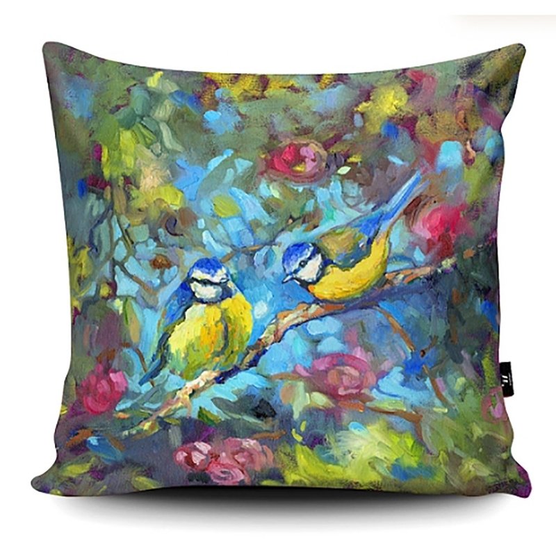 WRAPTIOUS/Handmade pillow/Bluebird and flowers - Pillows & Cushions - Faux Leather Multicolor