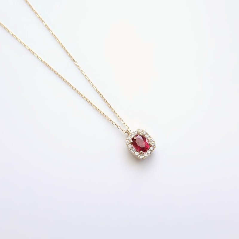 Natural Ruby Oval Cut Halo Diamonds 18K Solid Gold Dainty Necklace Custom Length - สร้อยคอ - เครื่องเพชรพลอย สีแดง