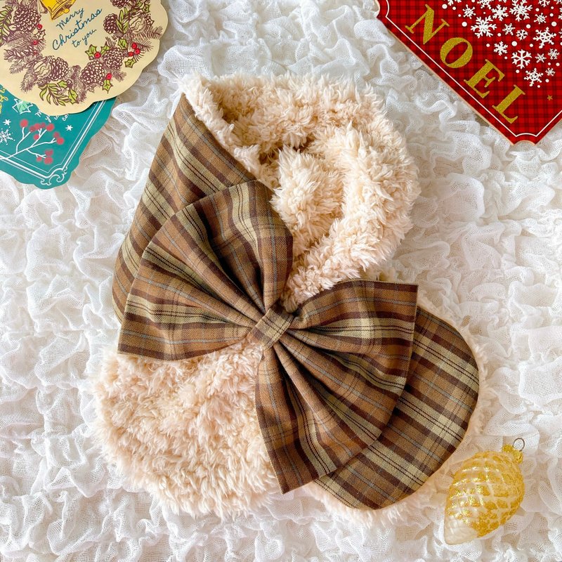 Kids Ribbon Scarf Tartan Check Caramel Brown Poodle Fur and Wool Insert Scarf - Other - Wool Brown