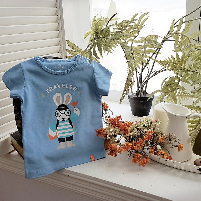 【小兔子旅行者兩件組】嬰幼兒短袖純棉T恤 口袋上衣 (贈小袋子)--水藍 - 其他 - 棉．麻 藍色