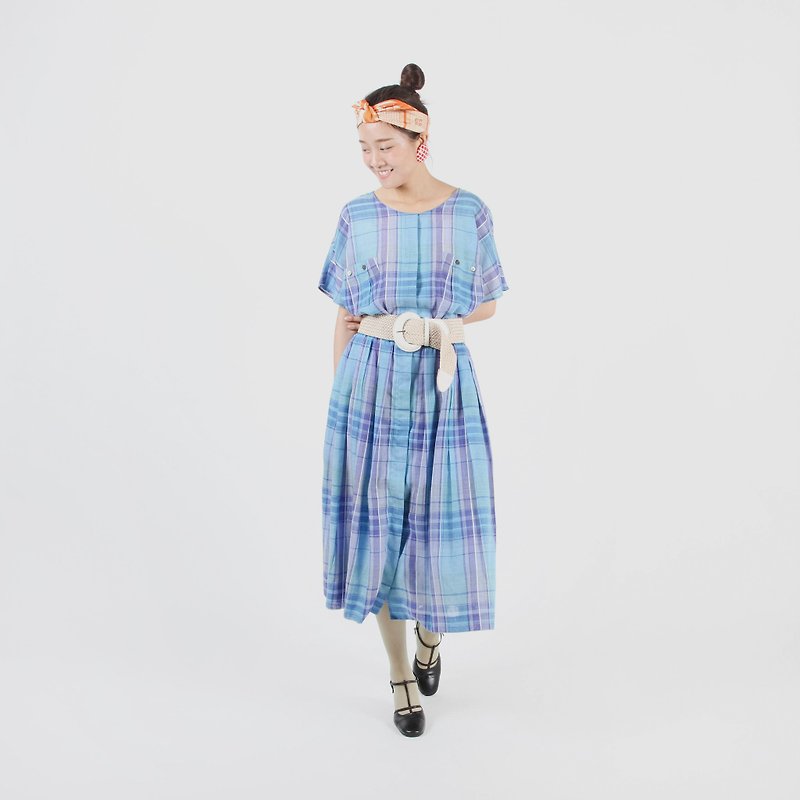 [Egg plant vintage] sunny space print short-sleeved vintage dress - One Piece Dresses - Polyester Blue
