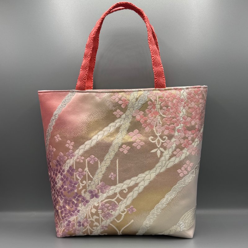 着物 帯 帯締め ハンドメイド トートバッグ リメイク ピンク 正絹 - 手提包/手提袋 - 絲．絹 粉紅色