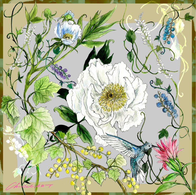 50cm方巾_絲巾_蜂鳥庭園 圖案 絲巾 ChristalART - 絲巾 - 其他材質 多色