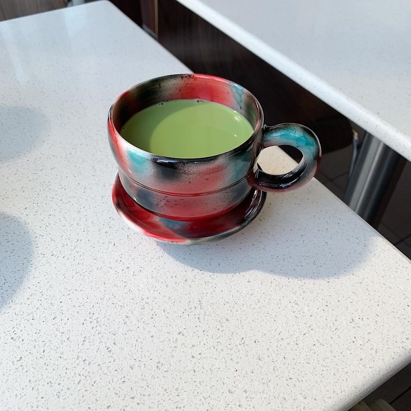マルチカラースプレーガンマグ＆ソーサー - グラス・コップ - 陶器 多色