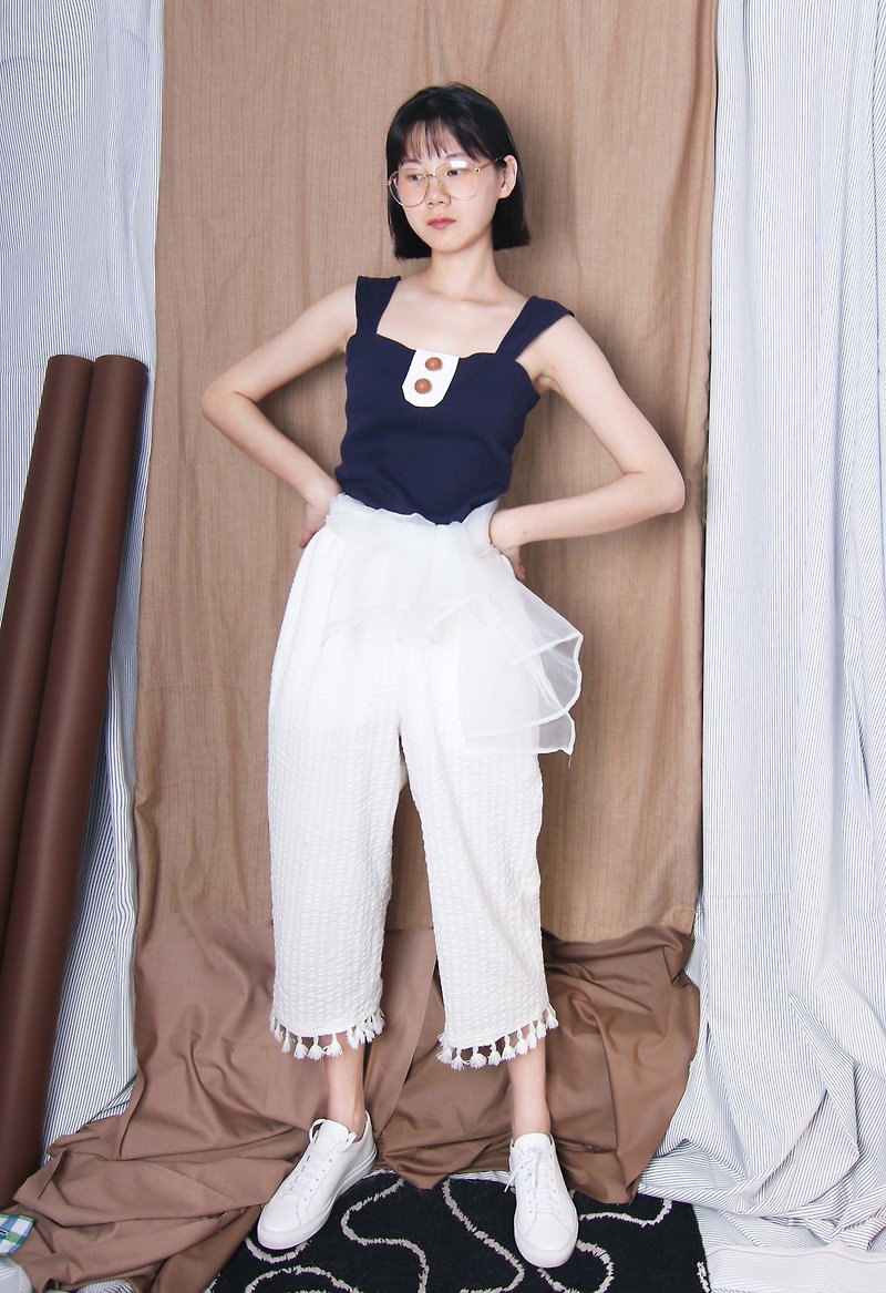 MAODIUL striped bubble cotton foot small tassel design loose free eight pants - กางเกงขายาว - ผ้าฝ้าย/ผ้าลินิน ขาว