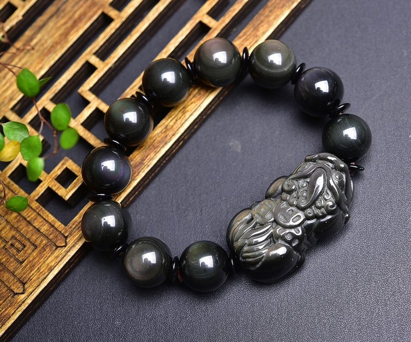 Pure natural obsidian round beads plus Pixiu bracelet with colored eyes 16mm to ward off evil spirits and keep safe - Bracelets - Crystal 