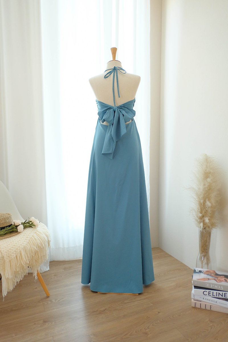 Rustic blue bridesmaid dress Maxi spring summer backless halter dress - 連身裙 - 聚酯纖維 藍色