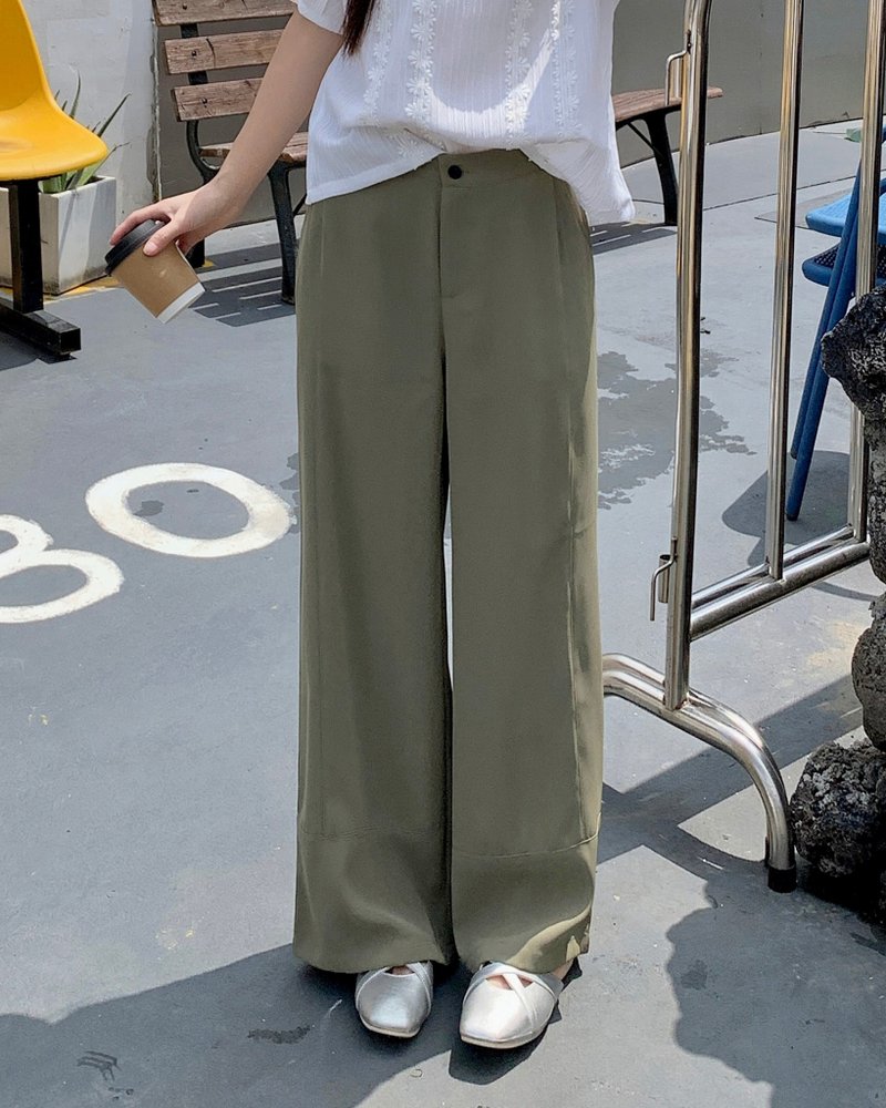 |初秋新品2件75折| 車線寬腿西褲| 灰綠色| 無彈|垂感| 後腰橡筋 - 女長褲 - 聚酯纖維 灰色