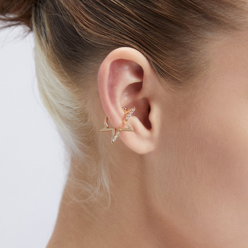 斜口大星耳扣 925銀厚鍍18K金 Meteor D Earcuff - 耳環/耳夾/耳骨夾 - 珍珠 金色