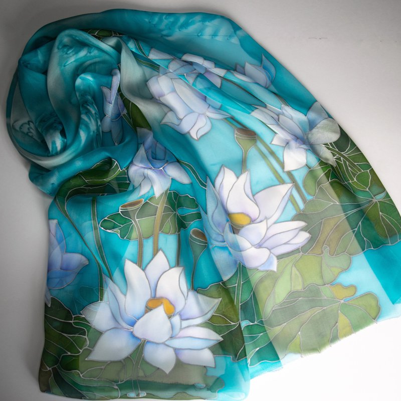 絲巾 Hand-painted silk scarf Floral silk teal blue scarf Lotus silk scarves - 絲巾 - 絲．絹 藍色