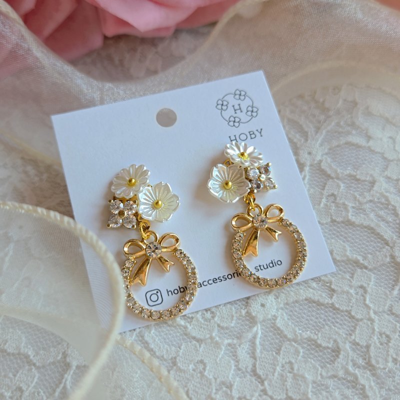 約定 Promise 花 耳環/耳釘/耳夾 原創 手作 送禮 鑽 珍珠 婚禮 - 耳環/耳夾/耳骨夾 - 不鏽鋼 金色