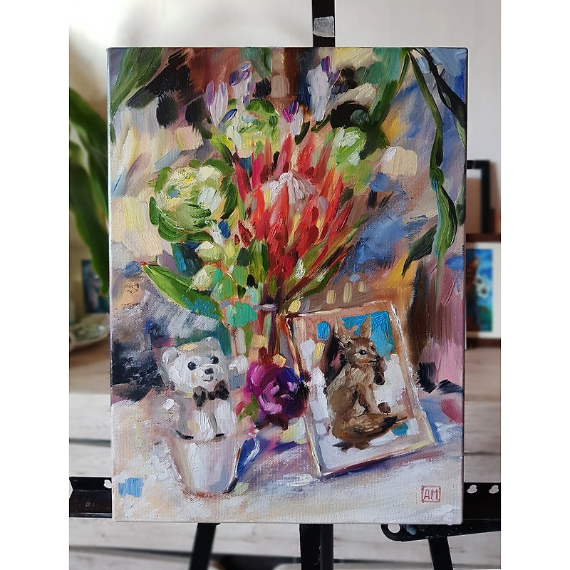 Original cute oil painting - Bouquet with a soft toy - Wall Décor - Other Materials Red