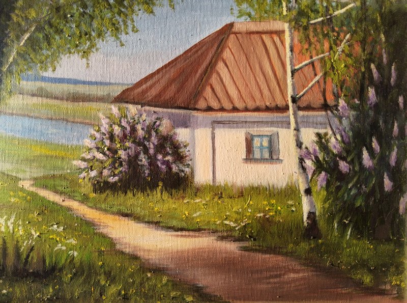 Old Barn Painting Landscape Original Art Sunny Farm Scene Wall Art - 插畫/繪畫/寫字 - 亞麻 