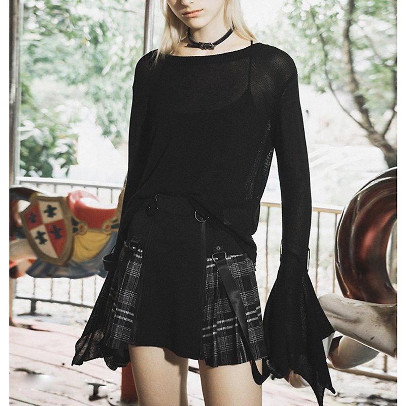 Rock wave Scottish pleated skirt - กระโปรง - วัสดุอื่นๆ สีดำ