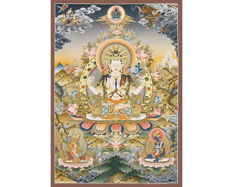 Chenrezig Thangka - Buy Handmade Buddhist Chenrezig Thangka From Nepal - Wall Décor - 24K Gold Multicolor