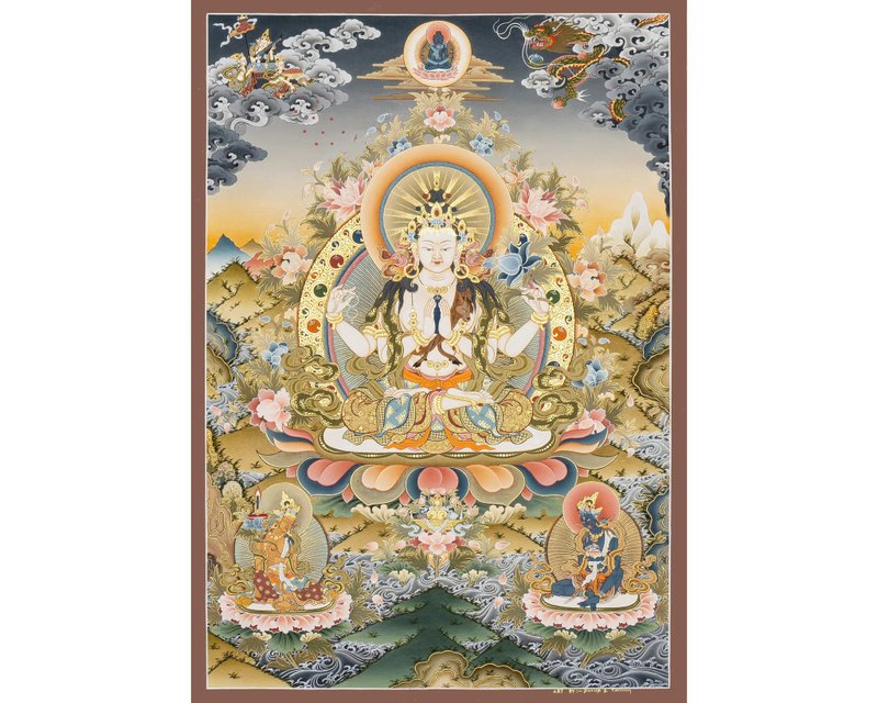 Chenrezig Thangka - Buy Handmade Buddhist Chenrezig Thangka From Nepal - ตกแต่งผนัง - ทอง 24 เค หลากหลายสี