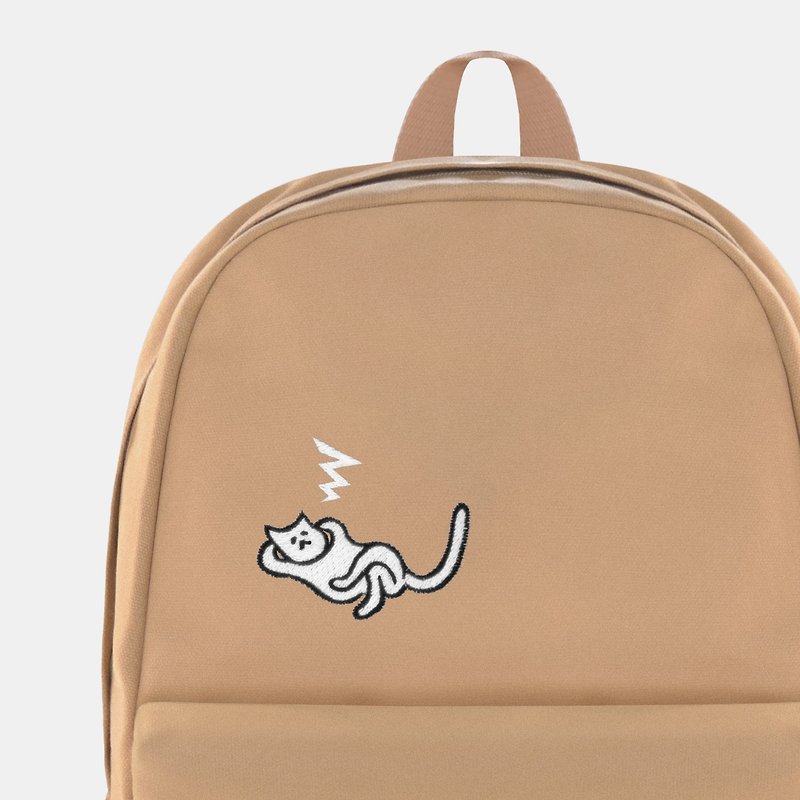Nothing Lazy Cat - Fresh Milk Brown Canvas Embroidered Backpack 2.0 - กระเป๋าเป้สะพายหลัง - วัสดุอื่นๆ สีกากี
