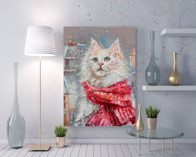 Christmas Art print on canvas, Cat Art Print, Christmas Spirit, Winter wall art, - ตกแต่งผนัง - วัสดุอื่นๆ สีกากี