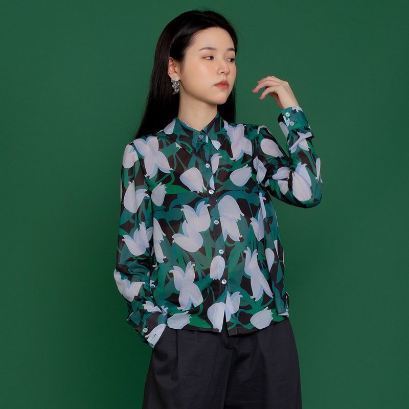 優雅印花長袖襯衫 - 女襯衫 - 聚酯纖維 灰色