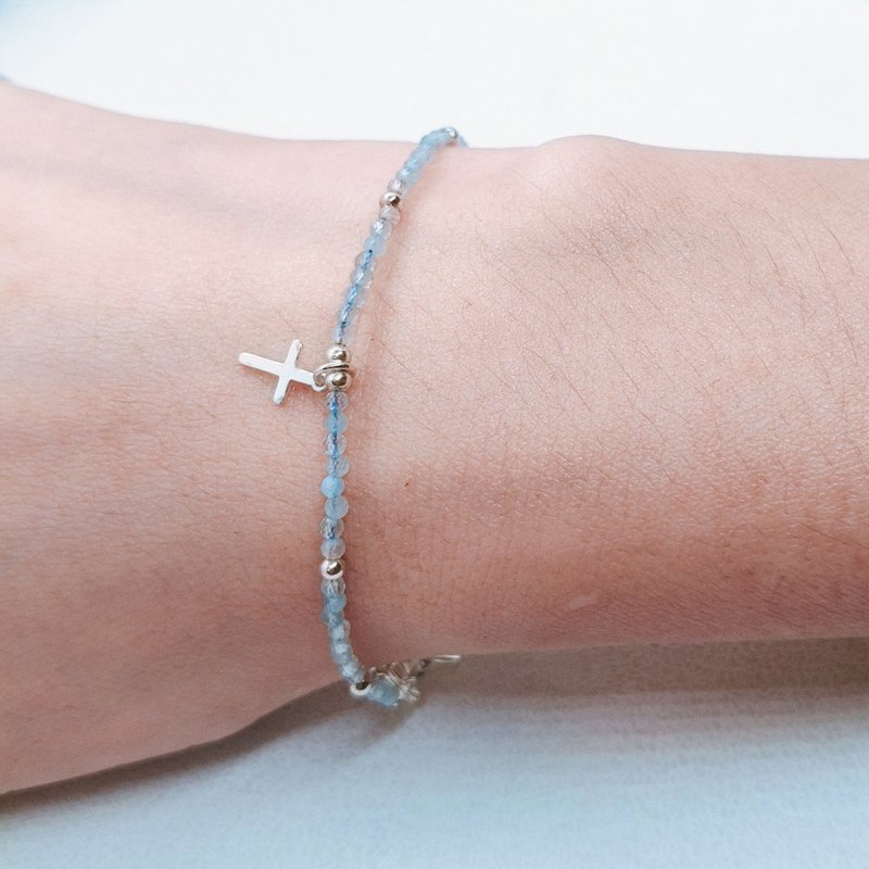 天然極細切割海藍寶實心925純銀十字架手鍊/信仰 - 手鍊/手環 - 寶石 