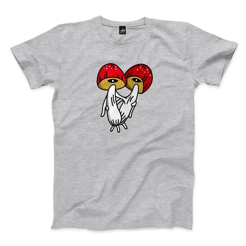 Hug mushrooms - mushrooms - dark gray Linen- neutral T-shirt - เสื้อยืดผู้ชาย - ผ้าฝ้าย/ผ้าลินิน สีเทา