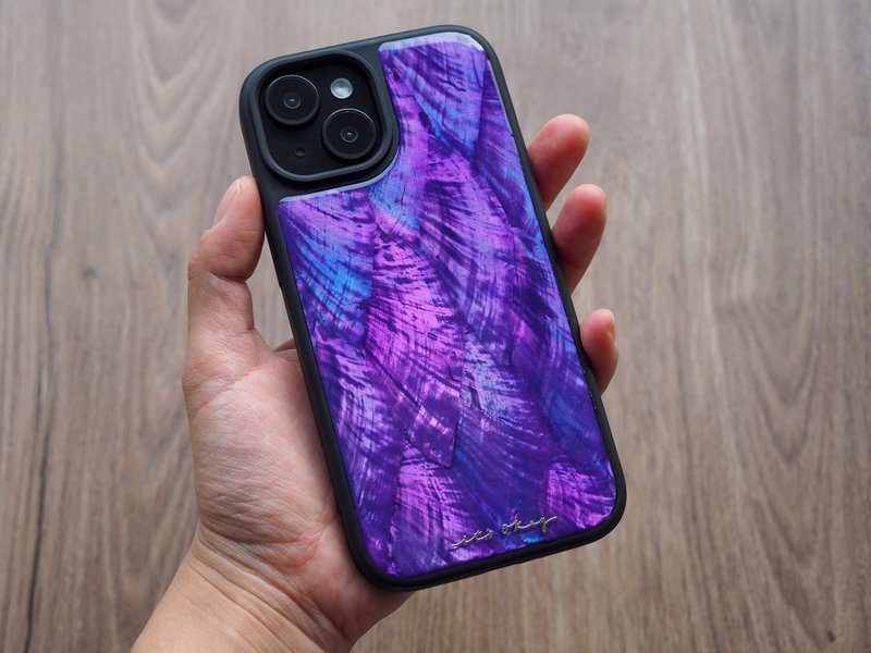 紫色 珍珠母貝 手工手機殼 適用iPhone16,15,14,13,12,11 Pro Max - 手機殼/手機套 - 貝殼 紫色